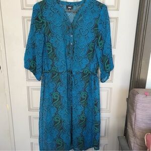 Mossimo Sheer Dress Green/Blue SzXZ Drawstring Waist 3/4Sleeve Elastic Cuff